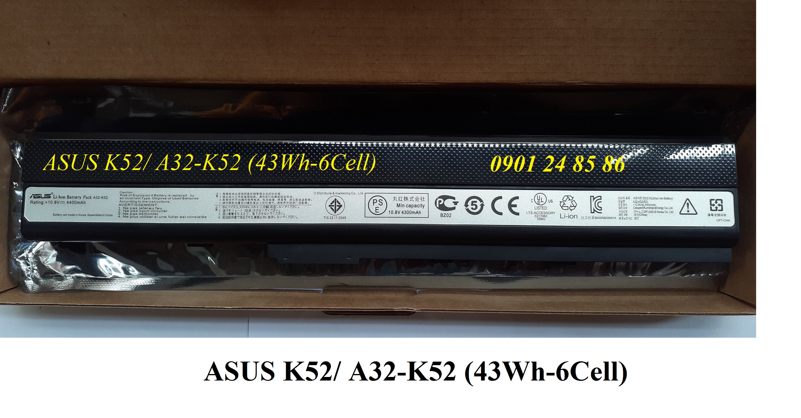 Pin Laptop Asus/ Battery Asus/ Pin Asus  K52F/ K52D/ K52J/ K52D/ K42D/ K42DE /K42DQ/ K62F (10.8V-56Wh-6Cell) A32-K52