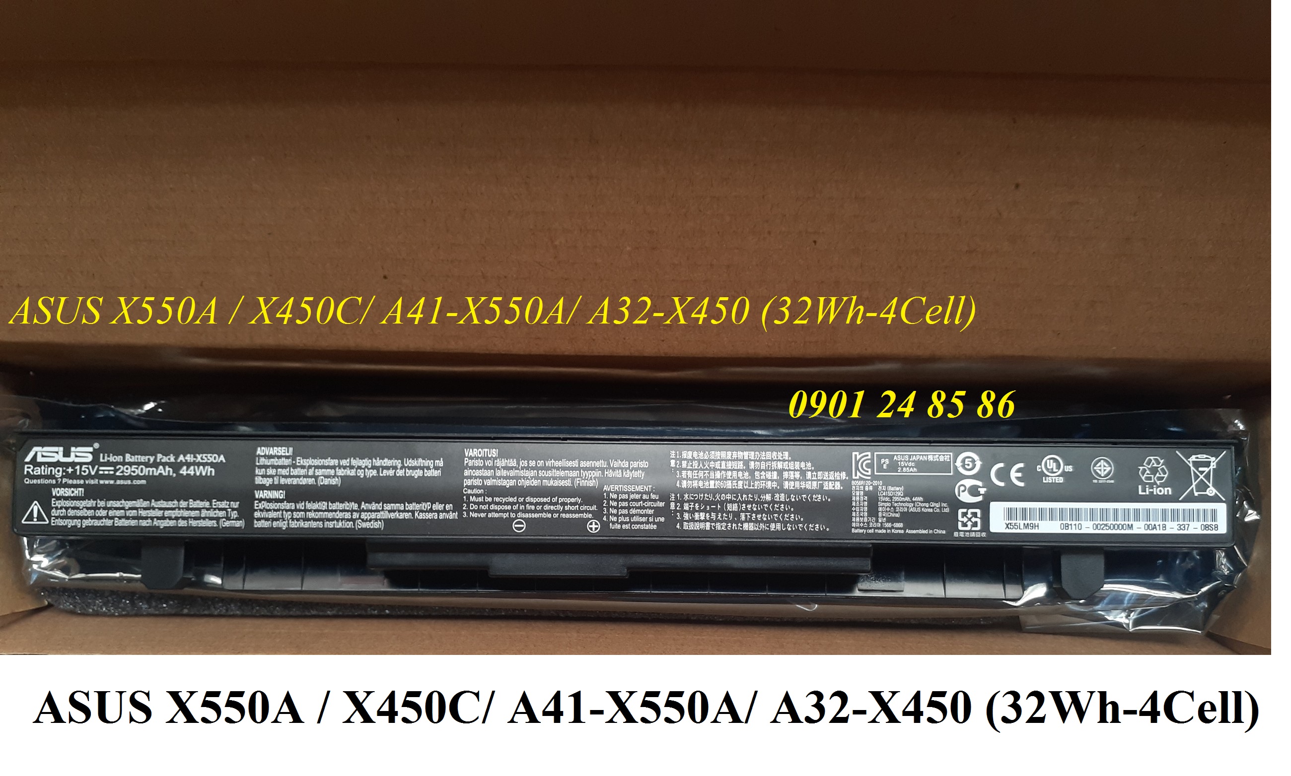 Pin Laptop Asus/ Battery Asus/ Pin Asus X550C/ X550B/ X550V/ X550D/ X450C/ X450/ X452/ X452C/ X452CP/ X452E/ X452EA/ X452EP (15V-44Wh-4Cell) A41-X550A