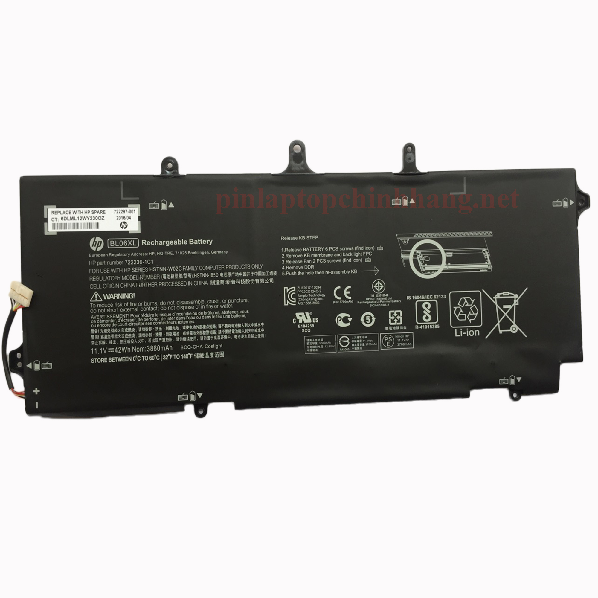 Pin Laptop HP/ Battery HP/ Pin HP Elitebook Folio 1040 G0/ 1040 G1/ 1040 G2/ 722236-271/ HSTNN-IB5D/ HSTNN-W02C (11.1V-42Wh-6Cell) BL06XL