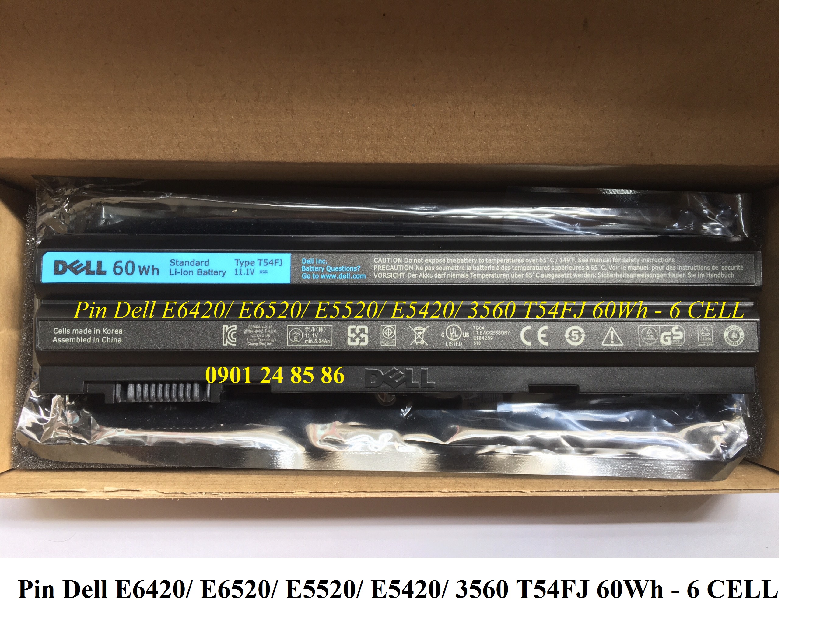 Pin Laptop Dell/ Battery Dell/ Pin Dell Latitude E6420/ E5420/ E5530/ E6430/ E6520/ E6530/ Vostro 3460/ 3560/ HCD9H/ 312-1163/ NH6K9 (11.1V-60WH-6Cell) T54FJ - 0T54FJ - 8858x