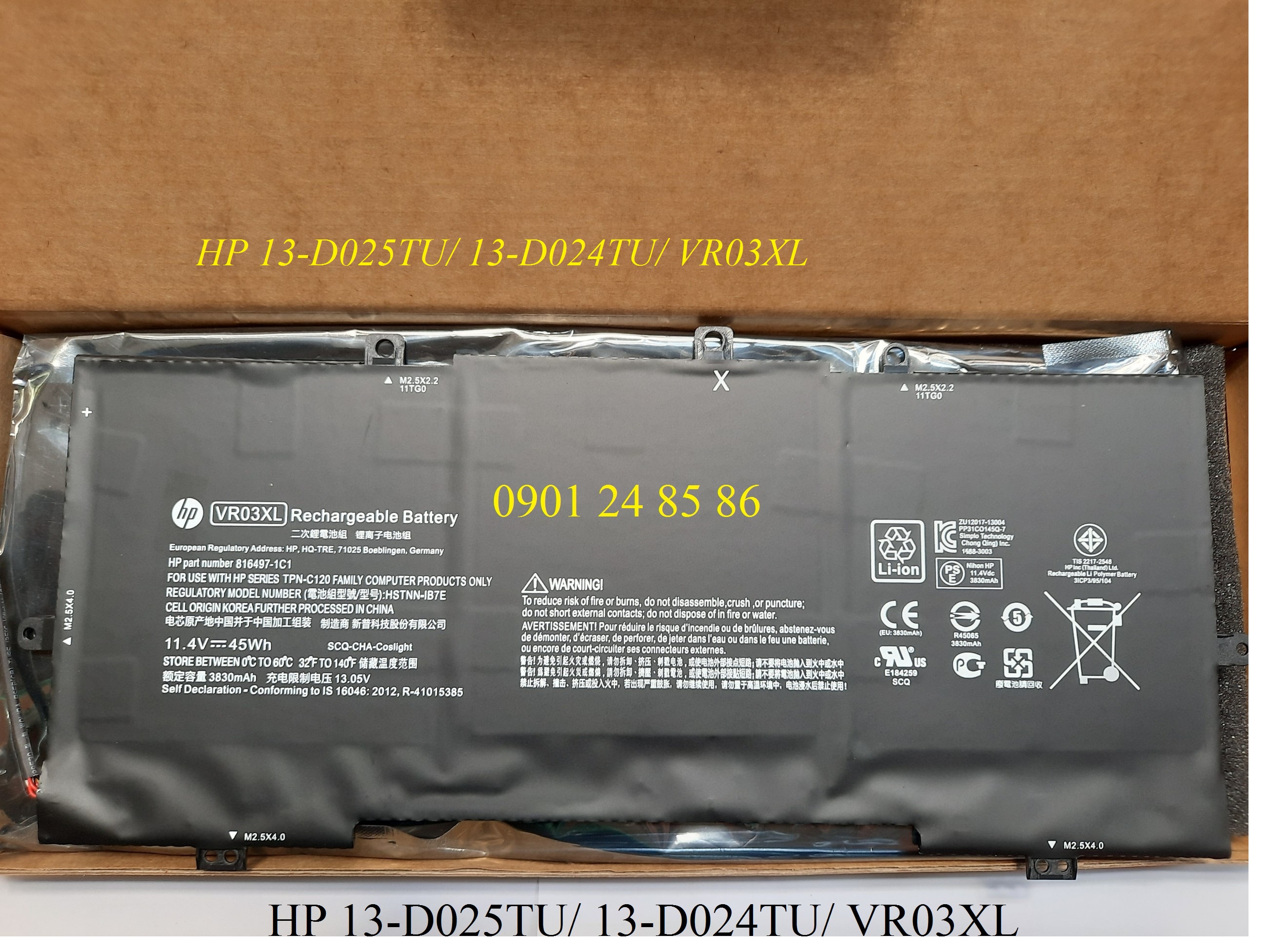 Pin Laptop HP/ Battery HP/ Pin HP Envy 13- D049TU/ 13-D002NG/ 13-D020NG/ 13-D023TU/ 13-D024TU/ 13-D025TU/ 13-D046TU/ Series 816497-1C1/ HSTNN-IB7E/ TPN-C120 (11.4V-45Wh-3Cell) VR03XL