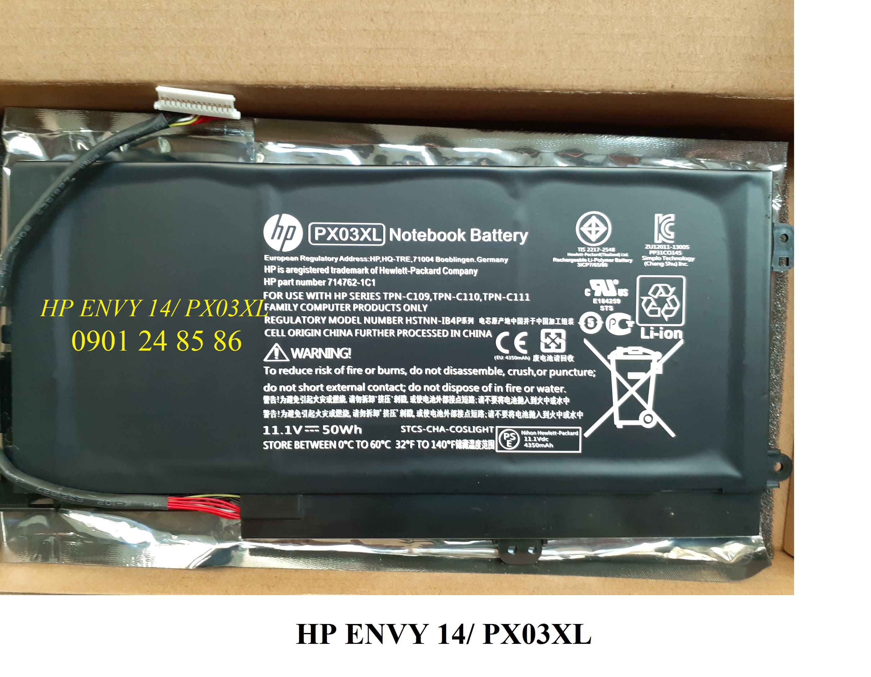 Pin Laptop HP/ Battery HP/ Pin HP Envy 14-K001TX/ 14-K112NR/ 14-K046TX/ Envy M6-K010DX/ M6-K022DX/ HSTNN-LB4P/ TPN-C109/ TPN-C110 (11.1V-50Wh-3Cell) PX03XL