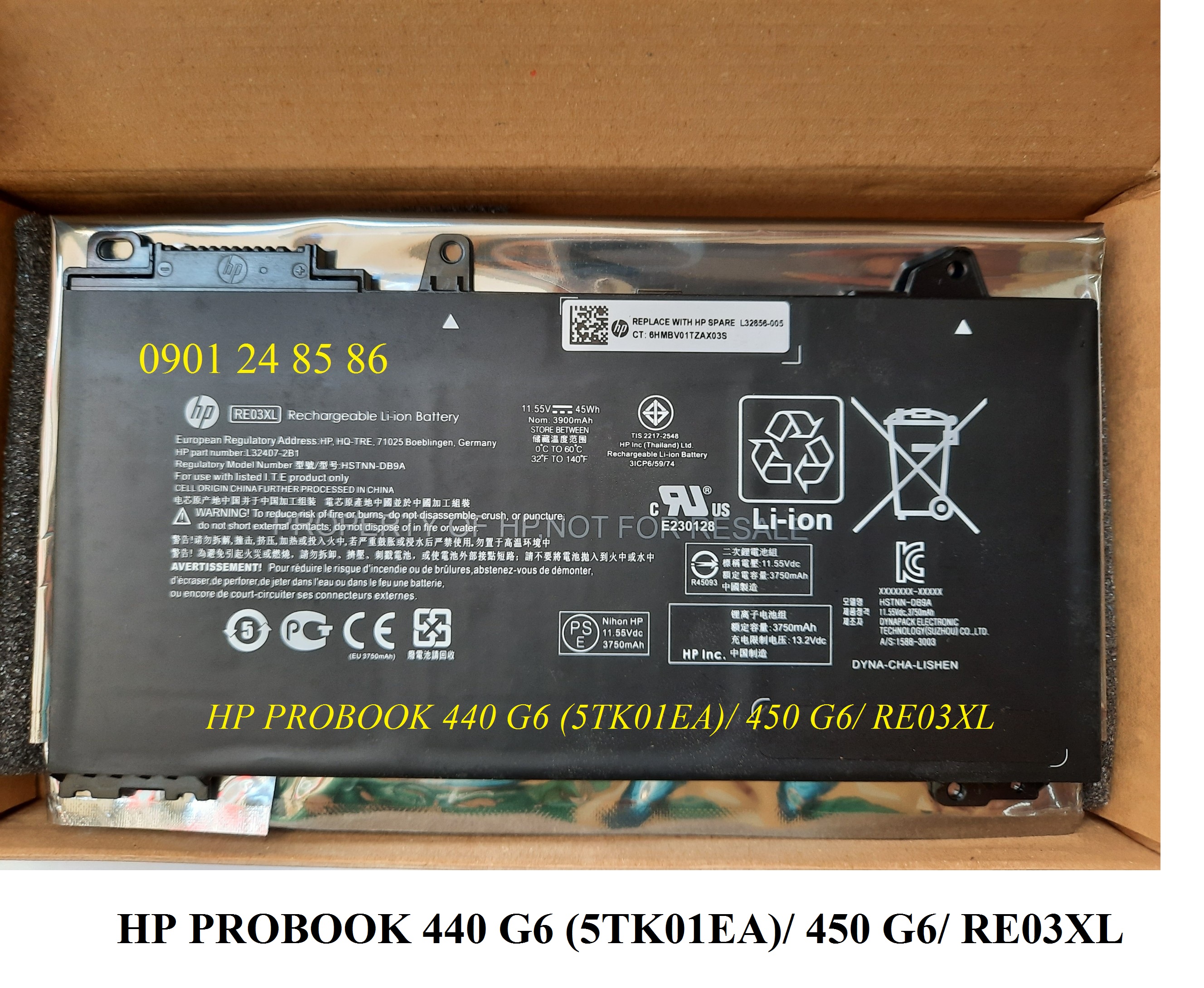 Pin Laptop HP/ Battery HP/ Pin HP ProBook 430 G6/ 440 G6/ 445 G6/ 450 G6/ 455R G6/ 430 G7/ 440 G7/ 445 G7/ 450 G7/ HSTNN-OB1C/ HSTNN-UB7R/ HSTNN-DB9A/ L32407-AC1/ L32407-2B1 (11.55V-45Wh-3Cell) RE03XL 