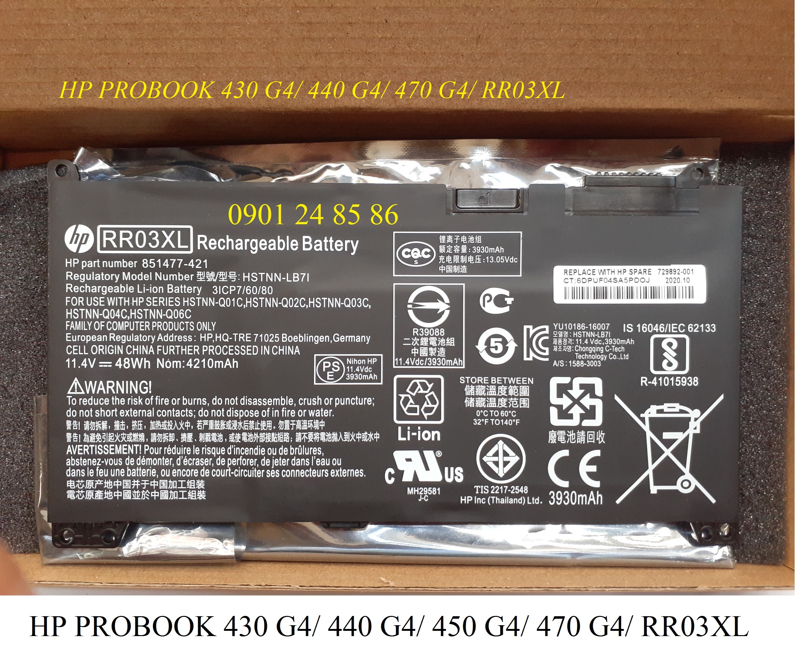 Pin HP, Pin Laptop HP, Battery HP original, Pin HP ProBook 440 G4 440 G5 450 G4 450 G5 455 G4 455 G5 470 G4 470 G5 (11.4V-48Wh-3Cell) RR03XL