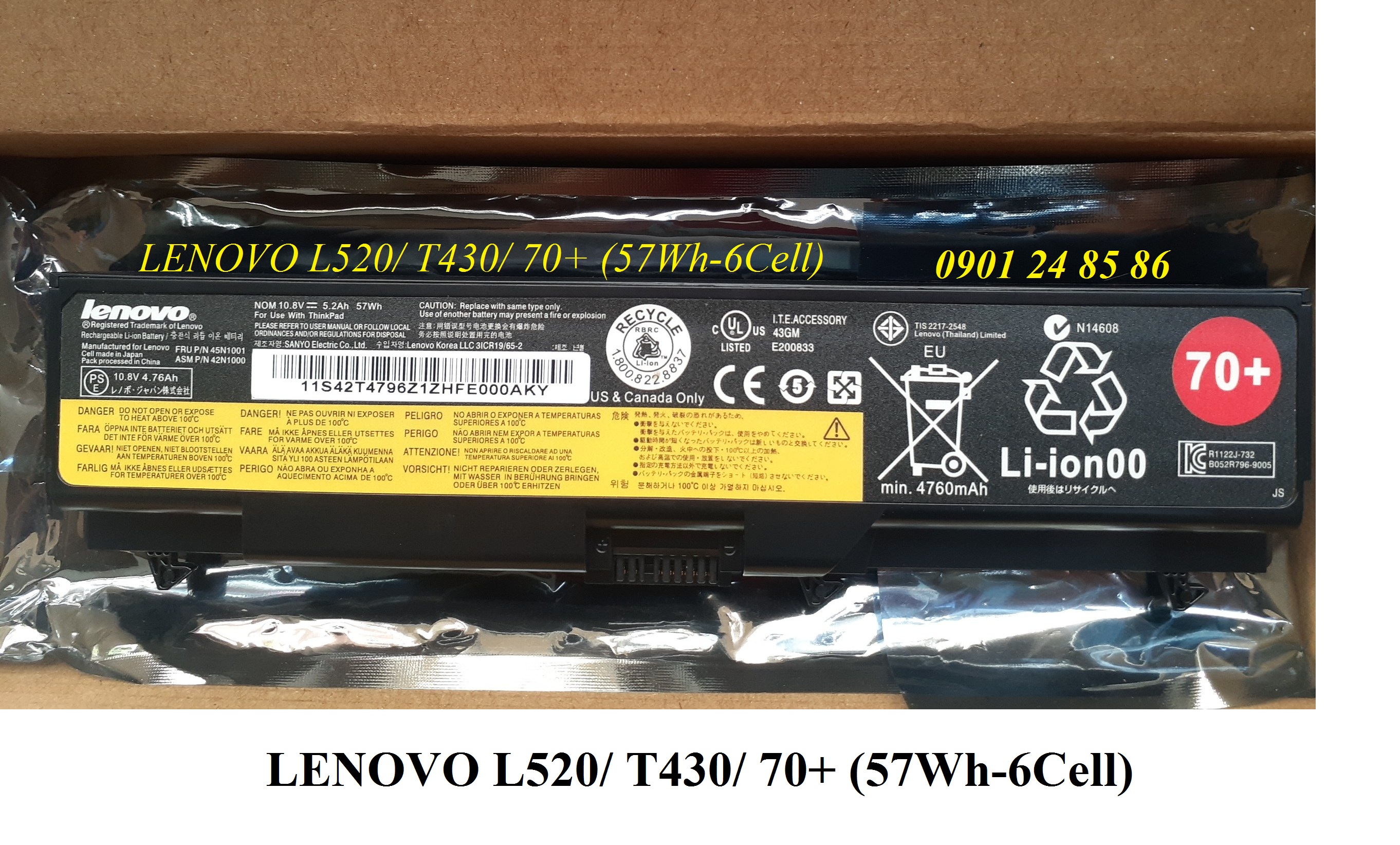 Pin Laptop Lenovo/ Battery Lenovo/ Pin Lenovo Thinkpad T420/ T420i/ L512/ L520/ W510/ W520/ 42T4708/ 42T4849/ 45N1001 (10.8V-57Wh-6Cell) 70+