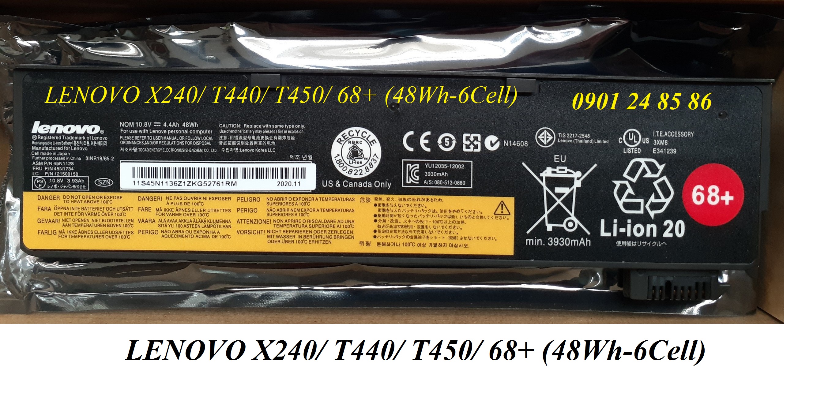Pin Laptop Lenovo/ Battery Lenovo/ Pin Lenovo ThinkPad T440/ T440s/ T450/ T450s/ T460/ X240/ X250/ X260/ L450/ 45N1128/ 45N11734 (10.8V-48Wh-6Cell) 68+